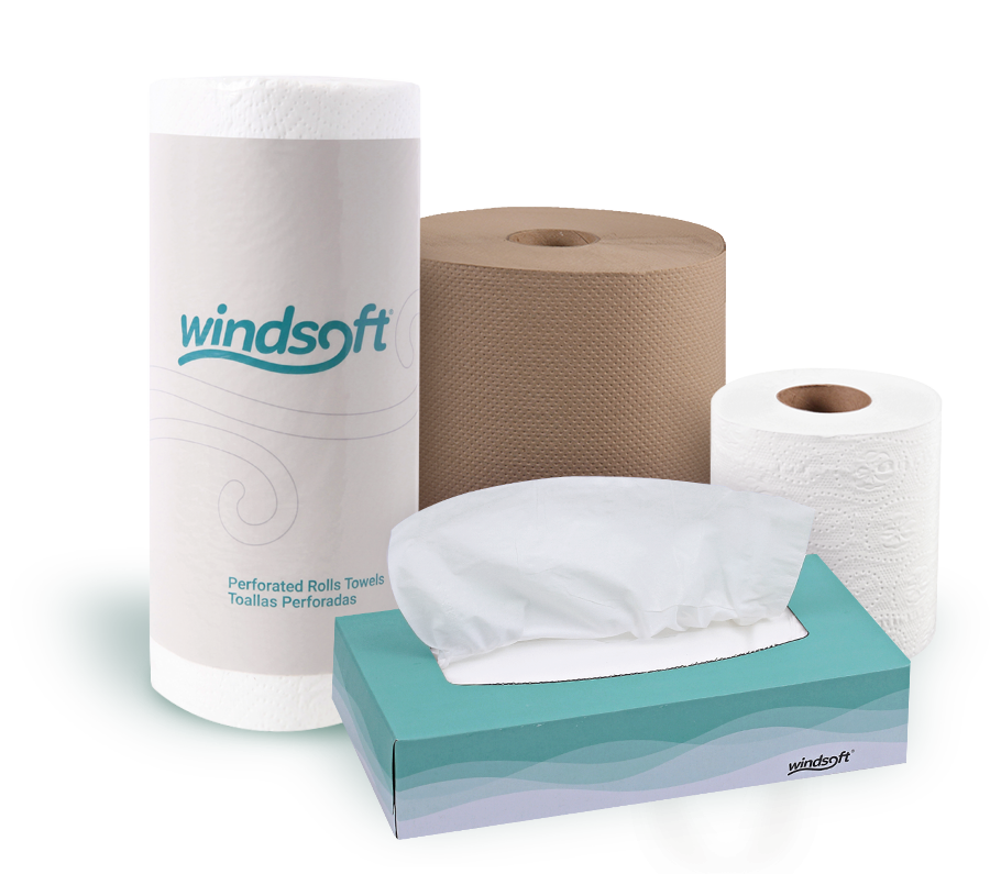 Windsoft products include kitchen roll towels​, facial tissue​, hardwound roll towels, and single roll bath tissue